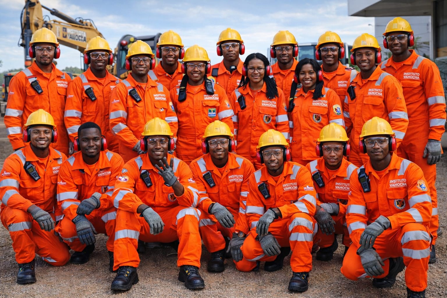 Equipa com fardamento e capacetes de segurança