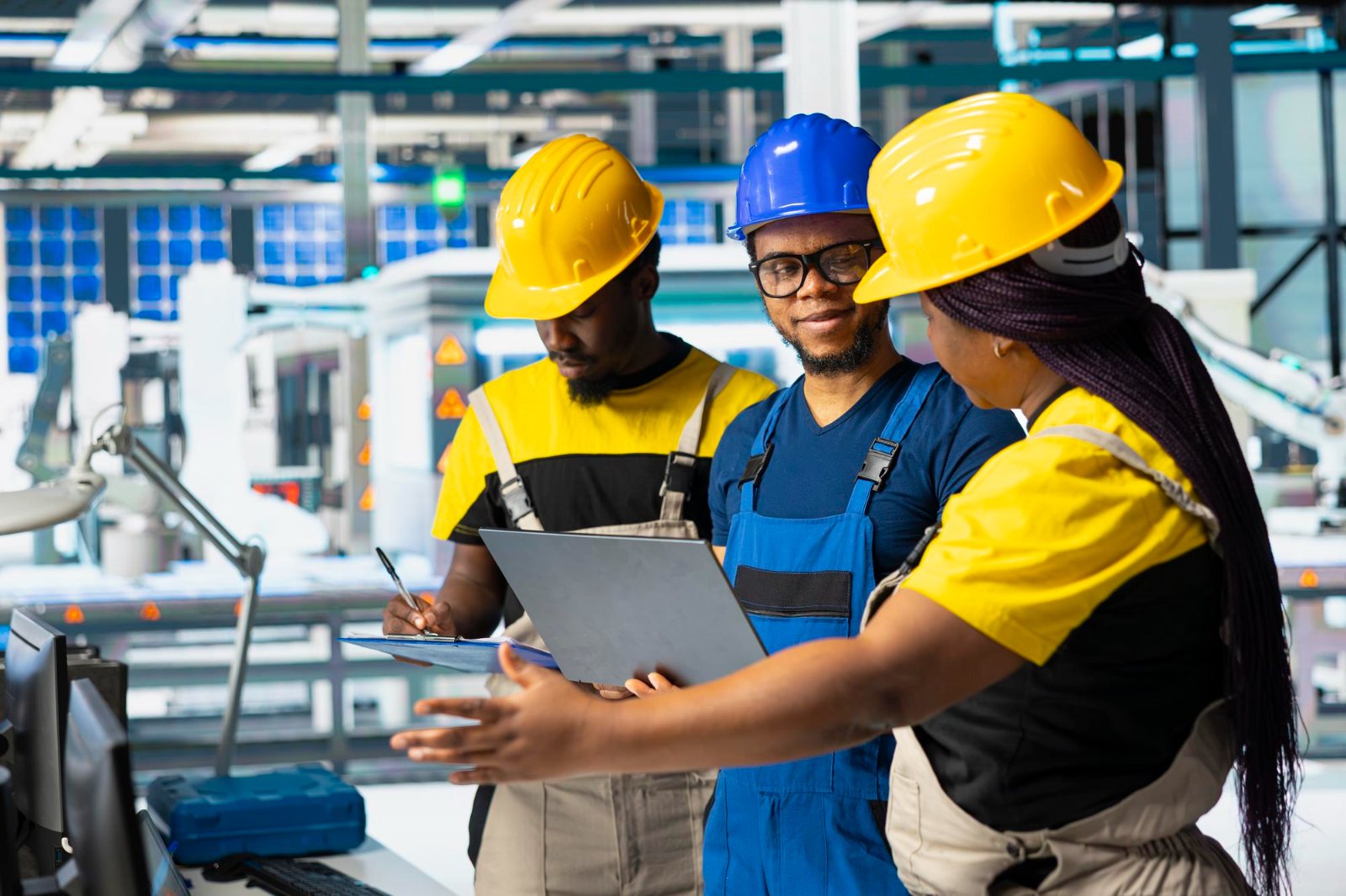 Equipa técnica com capacetes a analisar um plano